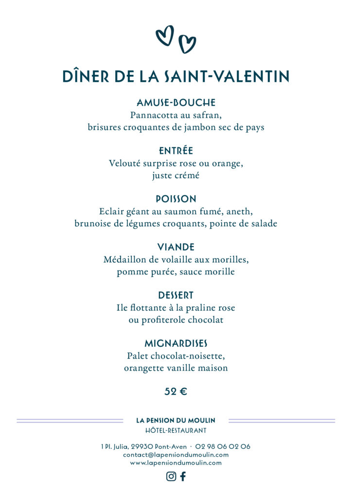 Menu de Saint-Valentin à La Pension du Moulin Pont Aven en Bretagne